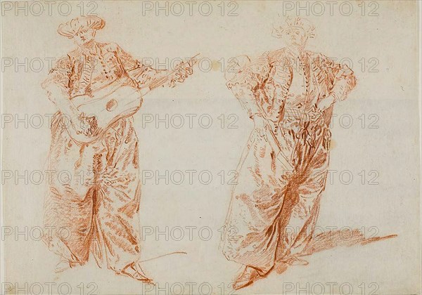 Two Studies of a Guitar Player in Turkish Costume, c. 1728. Creator: Nicolas Lancret.