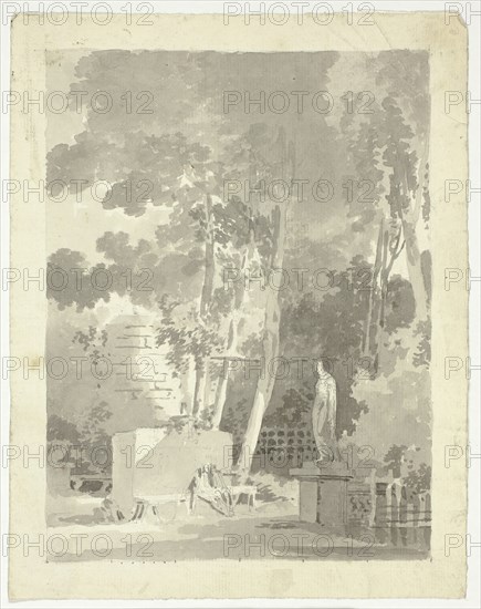 View of the Park at Versailles: Two Figures on a Bench in a Clearing, Female Statue Nearby, n.d. Creator: Pierre Antoine Mongin.