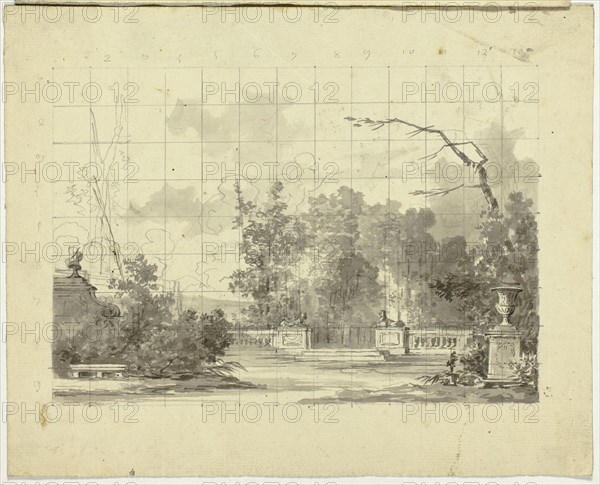 View of the Park at Versailles: Balustrade with Two Sphinxes Urn, n.d. Creator: Pierre Antoine Mongin.