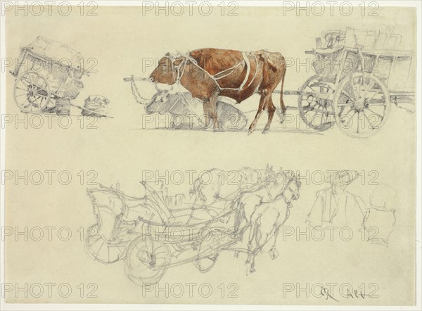 Studies of Slovakian Peasant Wagons with Oxen and Horses, n.d. Creator: Rudolf von Alt.