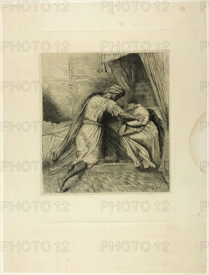 He Smothers Her, plate thirteen from Othello, 1844. Creator: Theodore Chasseriau.