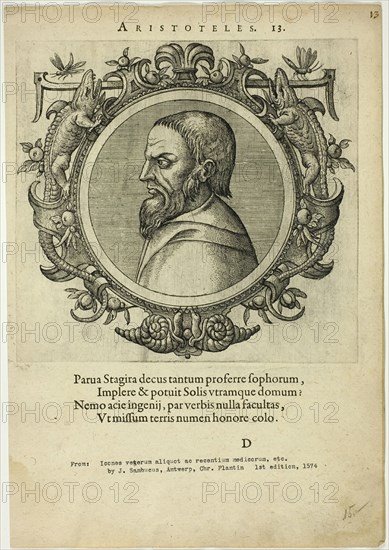 Portrait of Aristoteles, published 1574. Creators: Unknown, Johannes Sambucus.
