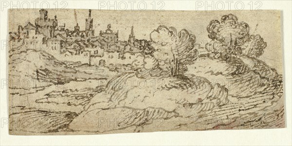Hill Town with Trees in Foreground, n.d. Creator: Unknown.