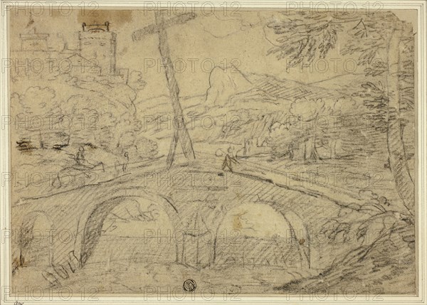 Landscape with Bridge (with Cross) over Gorge, with Mountains and Castle in Distance, n.d. Creator: Unknown.