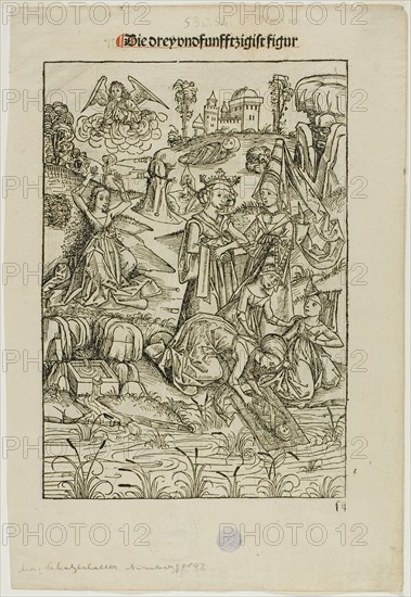 Moses Found by Pharaoh's Daughter (recto) and Judas's Betrayal (verso), pages 53..., 1491. Creator: Michael Wolgemut.