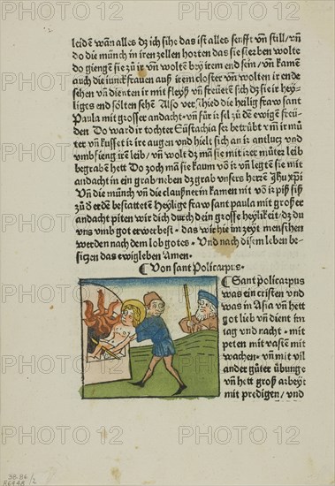 Saint Policarpus from Lives of the Heiligenleben, Sommerteil (Saints, Summertime)..., 1929. Creators: Unknown, Johannes Baemler, Jacobus de Voragine, Wilhelm Ludwig Schreiber.