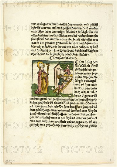 Saint Wilbolt from Heiligenleben, Winterteil (Lives of the Saints Wintertime), Plate 3..., 1929. Creators: Unknown, Johannes Baemler, Jacobus de Voragine, Wilhelm Ludwig Schreiber.