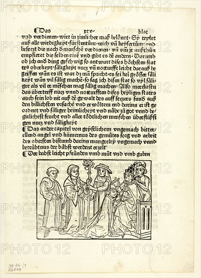 A Pope Installing a Bishop from Speculu humane vite (Mirror of Human Life), Plate 7..., 1929. Creators: Unknown, Peter Berger, Rodrigo Sánchez de Arévalo, Wilhelm Ludwig Schreiber.