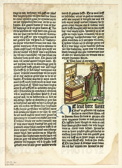 Saint Conrad from Der Heiligen Leben, Winterteil (Lives of the Saints..., 1487...assembled 1929. Creators: Unknown, Simon Koch, Jacobus de Voragine, Wilhelm Ludwig Schreiber.