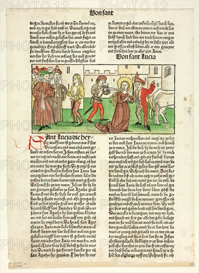 The Martyrdom of Saint Lucy from Heiligenleben, Sommerteil (Lives...1488...assembled 1929. Creators: Unknown, Anton Koberger, Jacobus de Voragine, Wilhelm Ludwig Schreiber.