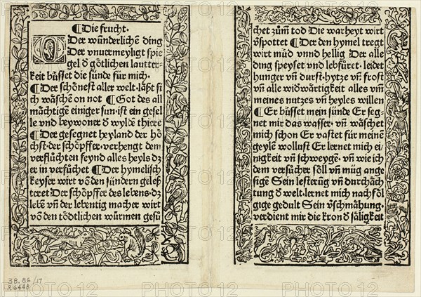 Devotional passages with ornamental borders from Andächtig...1493...assembled 1929. Creators: Unknown, Konrad Dinckmut, Bertold of Regensburg, Wilhelm Ludwig Schreiber.