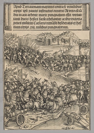 Battle of Guinegate, plate 4 from Historical Scenes from the Life of Emperor..., printed c. 1520. Creator: Wolf Traut.