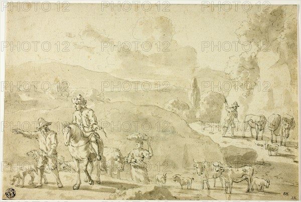 Cows, Sheep, Goats Being Herded, Herdsman Giving Directions to Traveler on Horseback, n.d. Creator: Abraham Jansz Begeyn.
