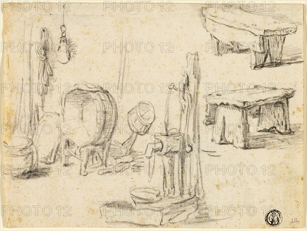 Sketches of Pump, Washtub, Benches, n.d. Creator: Unknown.