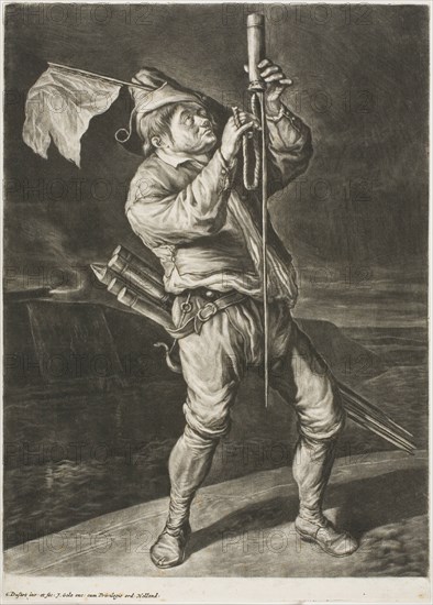 Man Lighting a Rocket, also called Peace is Better than a Victory, from Communia..., 1695. Creator: Cornelis Dusart.