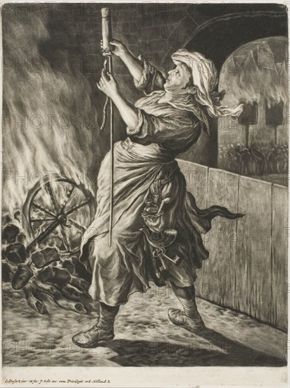 Woman Lighting a Rocket, also called Peace Gets Me Going, from Communia..., 1695. Creator: Cornelis Dusart.