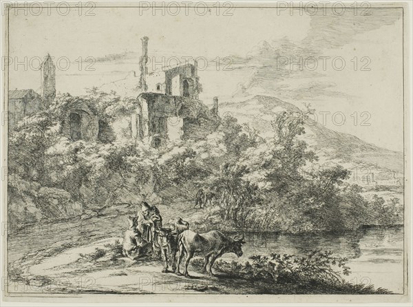 Landscape with Ruins and Two Cows at the Waterside, from a series of four horizontal..., 1645/50. Creator: Jan Dirksz Both.