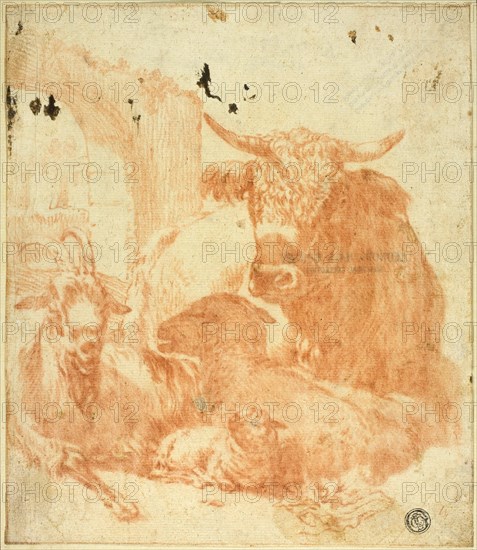 Cow, Goat, Sheep Lying Down in Ruins, n.d. Creators: Jan Roos, Paulus Potter.