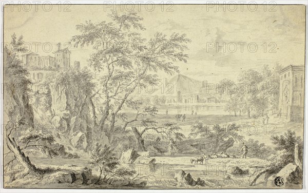 Italianate Landscape with Shepherd and Flock by Stream, Town in the Distance, n.d. Creator: Jan van Huysum.