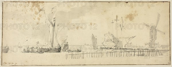 Sailing Ships in Harbor near Windmill, n.d. Creator: Willem van de Velde the Younger.