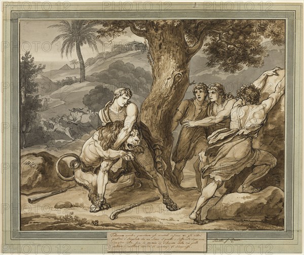 Telemachus Battles the Lion, from The Adventures of Telemachus, Book 2, 1808. Creator: Bartolomeo Pinelli.