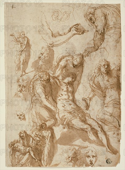 Sketches for a Lamentation and a Pietà, and of Various Figures, Heads..., 1580 (r); 1576/80 (v). Creator: Jacopo Palma.