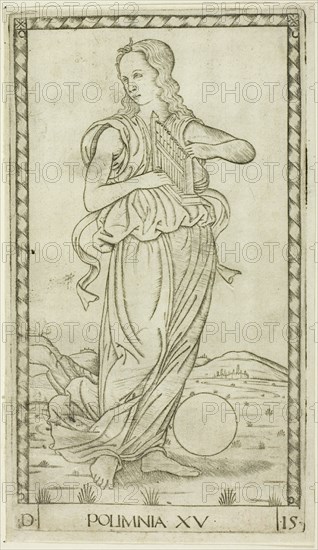 Polyhymnia, plate fifteen from Apollo and the Muses, c.1465. Creator: Unknown.