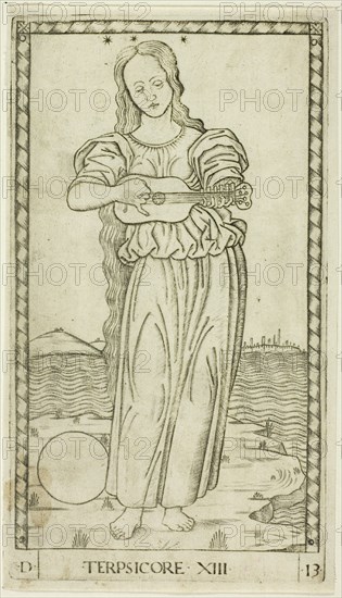 Terpsichore, plate thirteen from Apollo and the Muses, c.1465. Creator: Unknown.