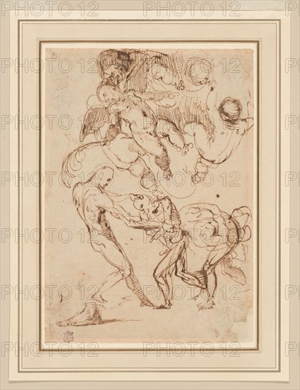 A Study of Bound Male Figures being Manhandled, and Various Putti, One Holding a Palm..., n.d. Creator: Unknown.