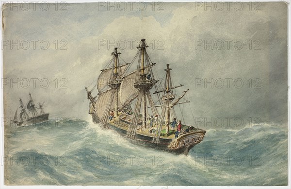 Two Three-Mast Ships on Stormy Sea, 1800-1899. Creator: Unknown.