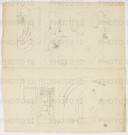 Sketches of Doorway, Figures, Building with Side Entrance to Church (r); Sketch of Spire (v), n.d. Creator: Unknown.