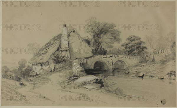 Farm with Thatched Roof Near Stone Bridge, n.d. Creator: Unknown.