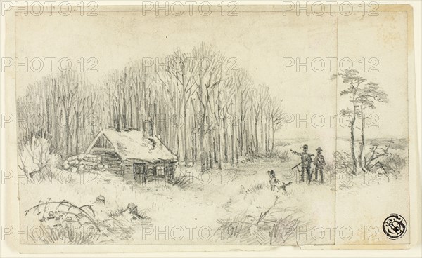 Woodland Hut, with Hunters Approaching, 18th or 19th century. Creator: Unknown.