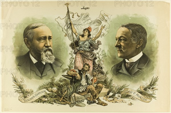 Victory Portraits of Benjamin Harrison and Levi P. Morton, from Judge, 1888. Creator: Unknown.