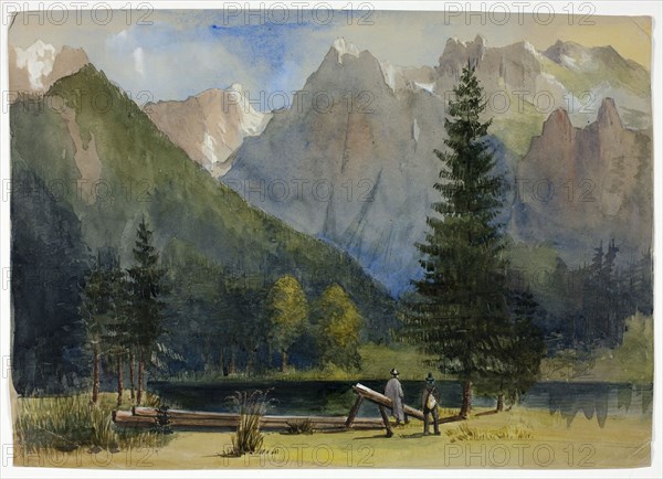 Two Men by Pond below Alps, 1800-1899. Creator: Unknown.