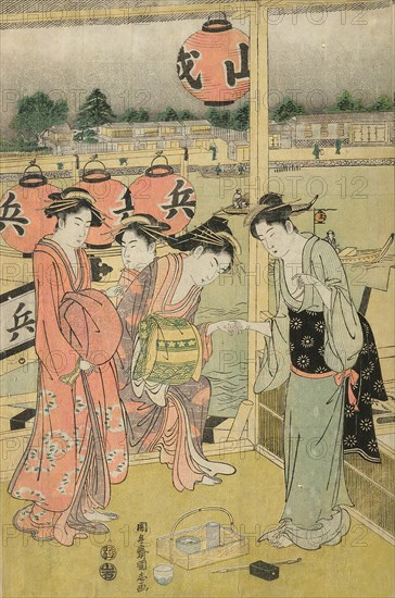 A Banquet in a Pleasure House on the Bank of the Okawa (Okawa bata giro jo no yusen), c. 1792. Creator: Angyusai Enshi.