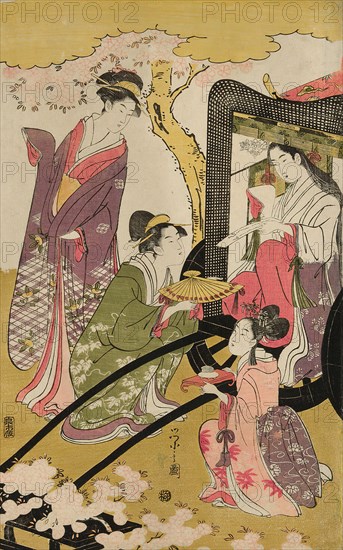 Noble woman in a carriage viewing cherry blossoms, c. 1796. Creator: Hosoda Eishi.