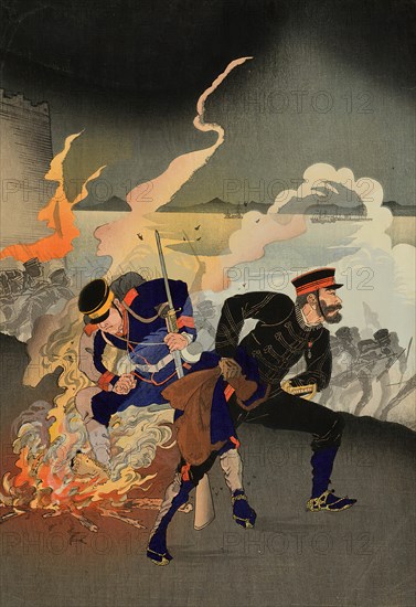 The Army and Navy Attack and Capture Weihaiwei (Ikaiei rikukaigun kogeki senryo zu), Japan, 1895. Creator: Kobayashi Ikuhide.