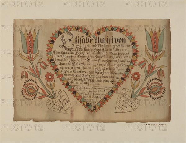 Pa. German Birth Certificate, c. 1939. Creator: Charlotte Angus.