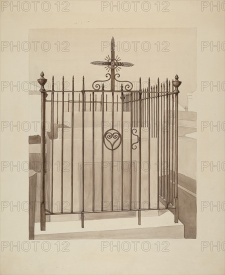 Iron Gate and Fence, c. 1936. Creator: Arelia Arbo.