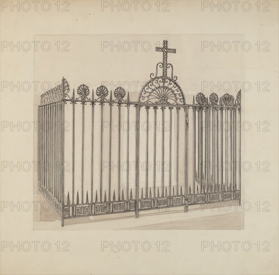 Iron Gate and Fence, c. 1936. Creator: Arelia Arbo.