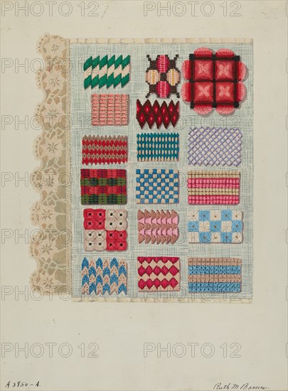 Sampler (Stitching), c. 1937. Creator: Ruth M. Barnes.