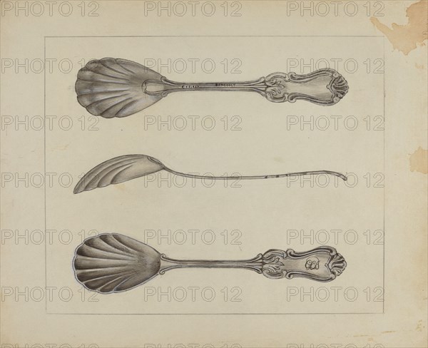 Two Silver Sugar Spoons, c. 1936. Creator: Anthony Zuccarello.