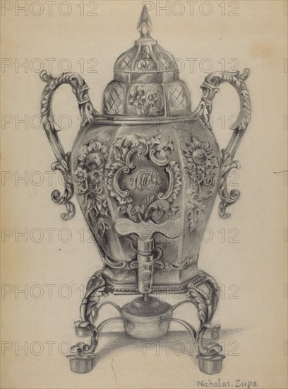 Silver Hot Water Urn, c. 1936. Creator: Nicholas Zupa.