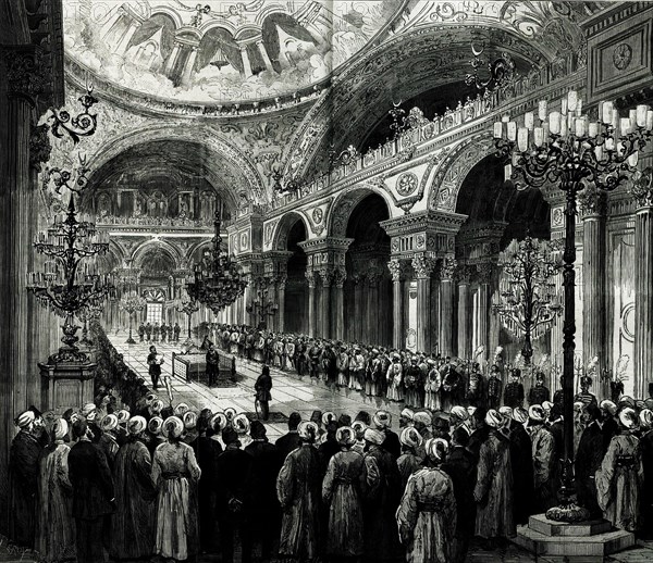 The Ottoman constitution enacted by Sultan Abdulhamid II in Dolmabahçe Palace in Dec 1876. Creator: Anonymous.