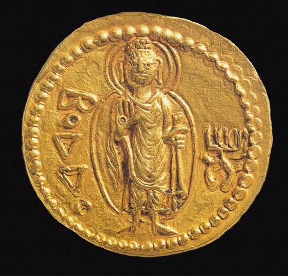 Gold Coin, Kushan. Reverse: in Bactrian script Buddha (boddo), 127-150. Creator: Numismatic, Ancient Coins  .