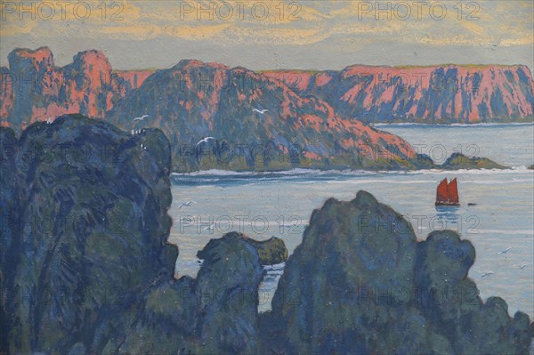 Belle-Île-en-Mer, Voilier rouge à Goulphar, ca 1895-1896. Creator: Auburtin, Jean Francis (1866-1930).