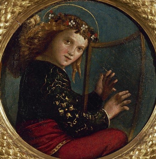 Musician angel with harp, ca 1530. Creator: Dossi, Dosso (ca. 1486-1542).