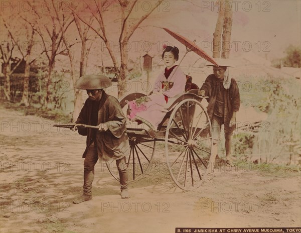 Japanese woman on a rickshaw at Avenue Mukojima, Tokyo, c. 1890. Creator: Kimbei, Kusakabe (1841-1932).