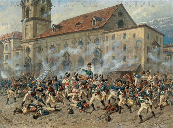 Colonel Karl Freiherr von Ditfurth (1774-1809) fighting the Tyroleans in front of..., April 12, 1809 Creator: Braun, Louis (1836-1916).